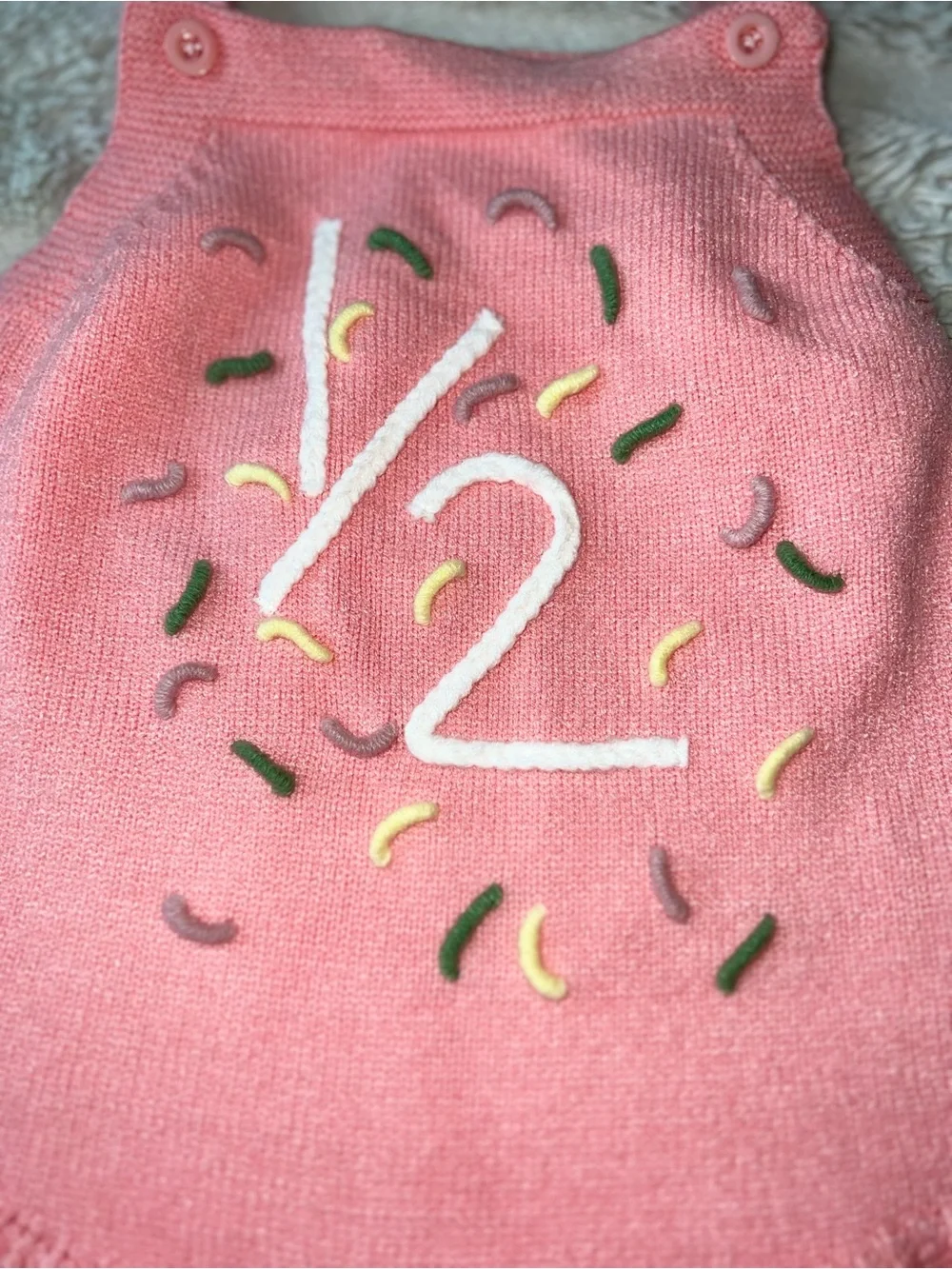 1/2 Birthday Pink Knit Baby Romper with Embroidered Sprinkles